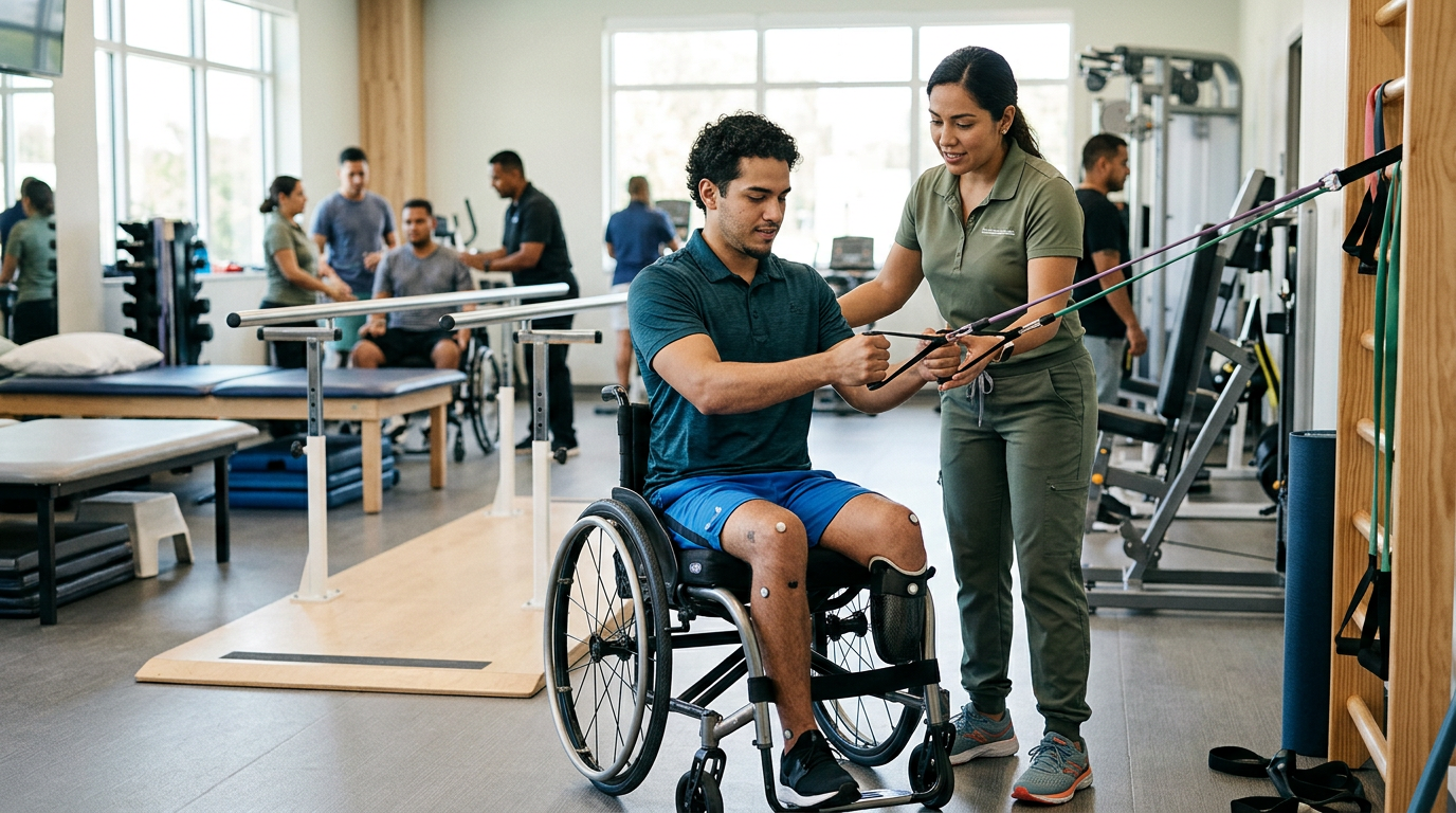 Young adult in a wheelchair works with a physical therapist in a rehabilitation gym.