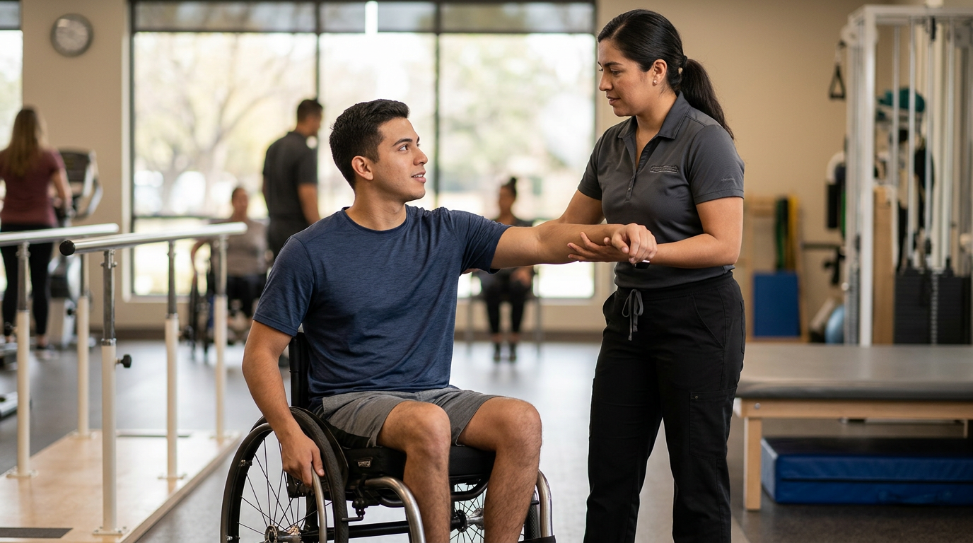 Young adult in a wheelchair works with a physical therapist in a rehabilitation gym.