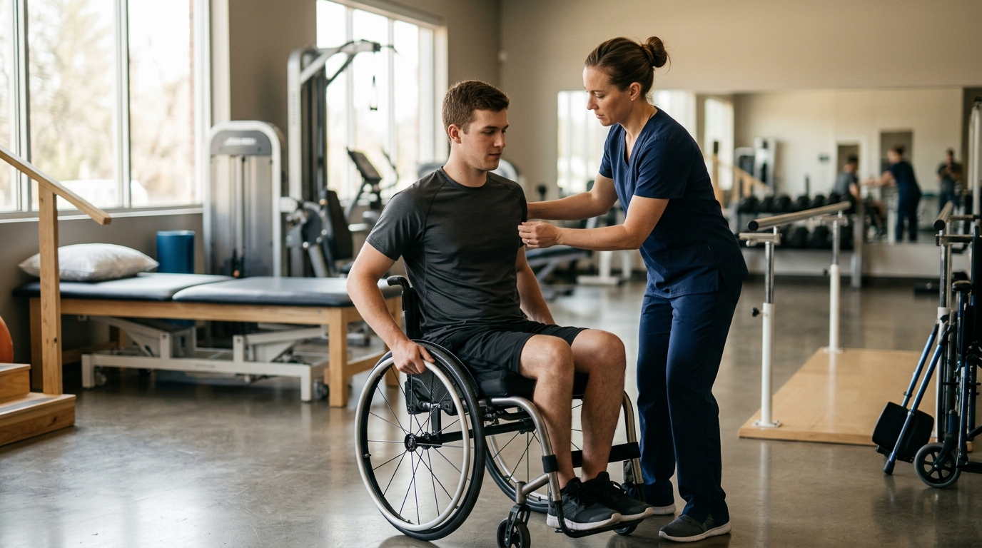 Young adult in a wheelchair works with a physical therapist in a spinal-cord-injury rehabilitation gym.