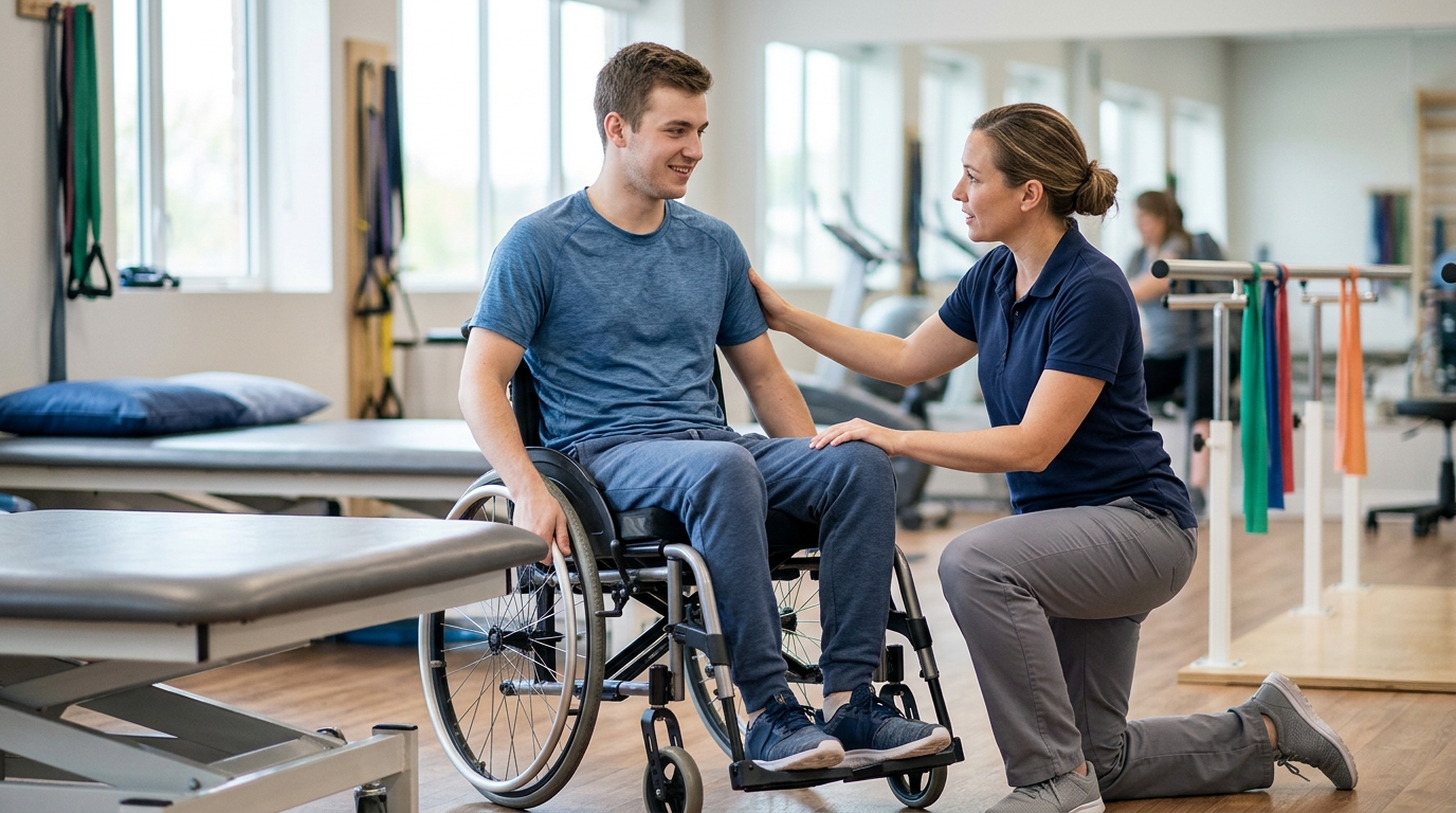 Young adult in a wheelchair works with a physical therapist in a rehabilitation gym.