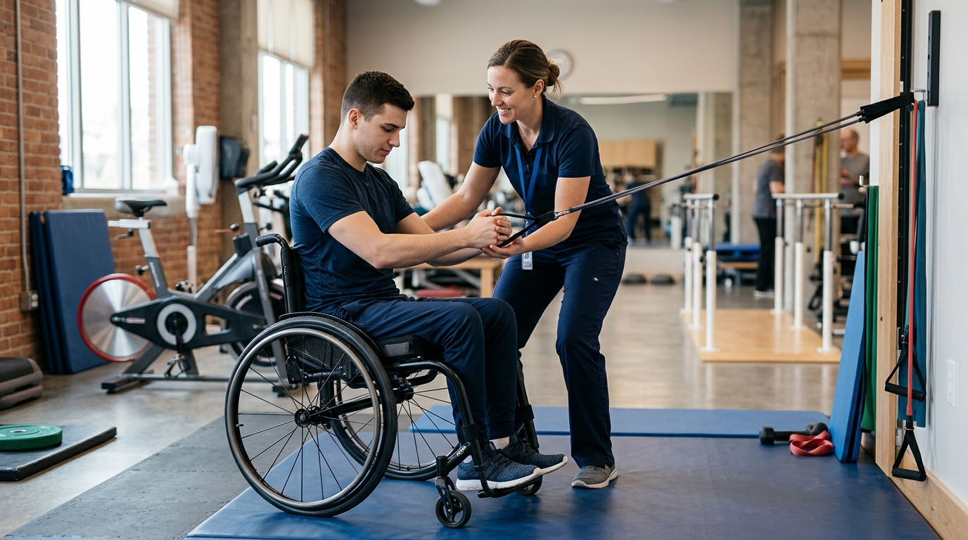 Young adult in wheelchair working with a physical therapist in a rehabilitation gym.