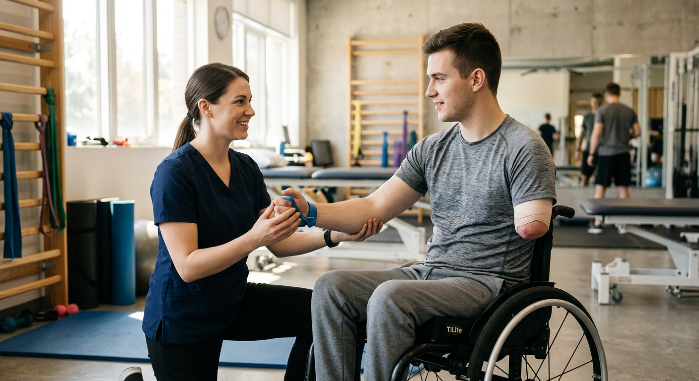 Young adult in wheelchair working with a physical therapist in a rehabilitation gym.