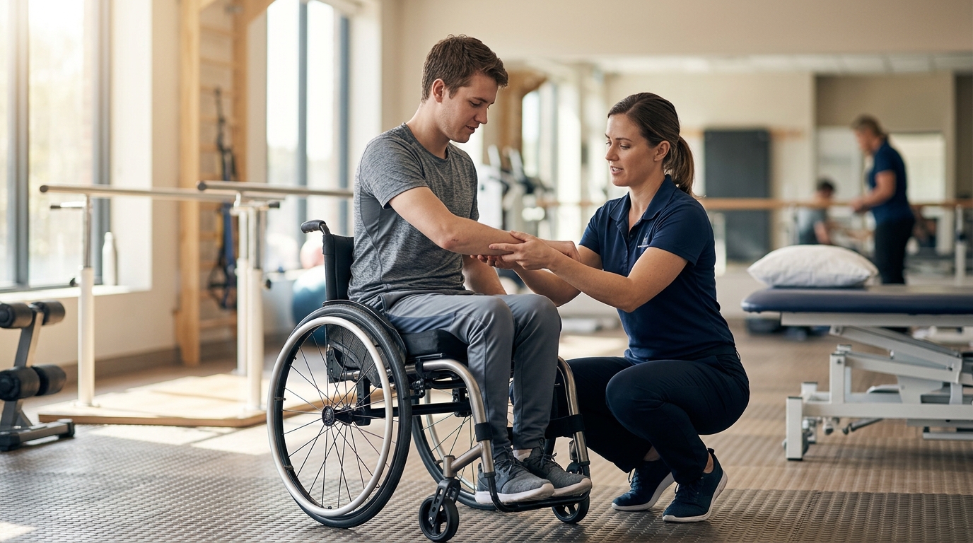 Young adult using a wheelchair works with a physical therapist in a spinal-cord-injury rehabilitation gym.