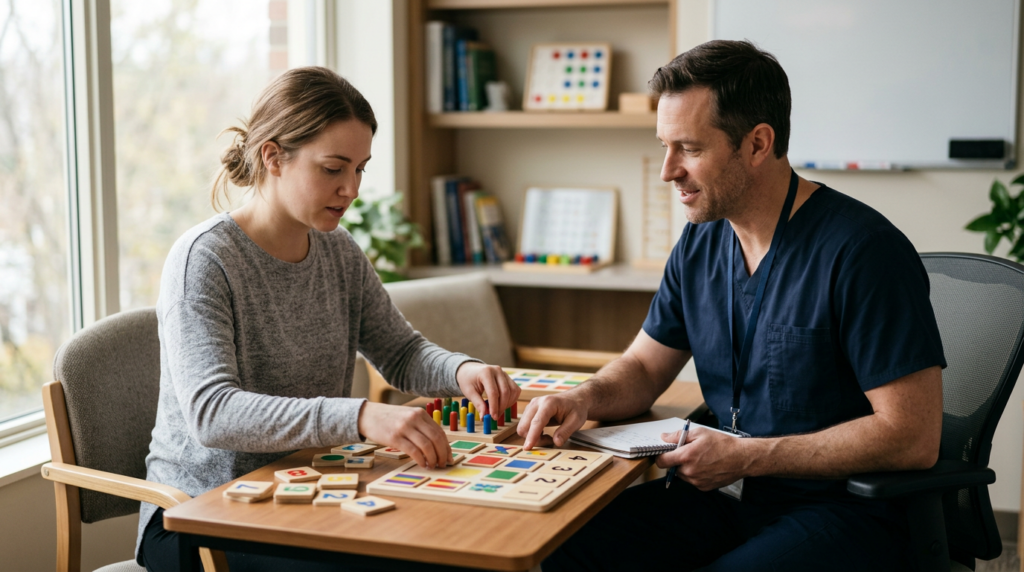A brain injury patient works on memory and coordination exercises with a therapist during a rehabilitation session.