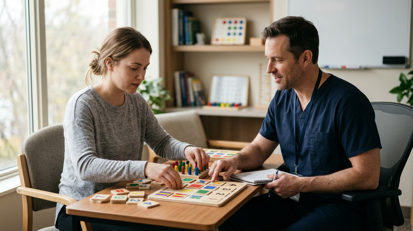 A brain injury patient works on memory and coordination exercises with a therapist during a rehabilitation session.