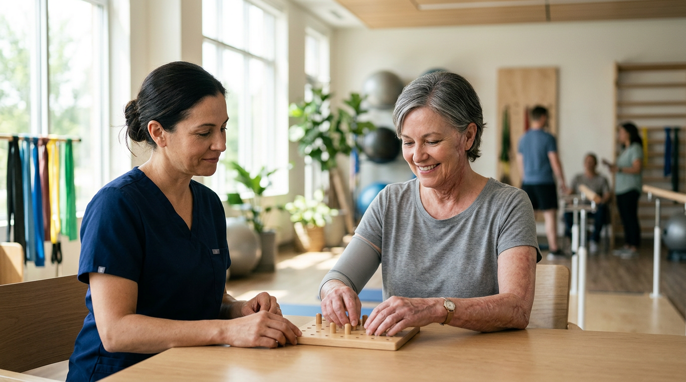 A burn-injury survivor in a calm rehabilitation setting, portrayed with dignity.