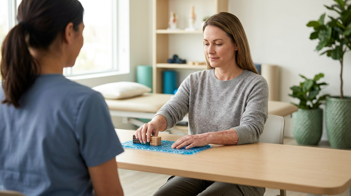 A burn-injury survivor treated with dignity in a calm rehabilitation setting.
