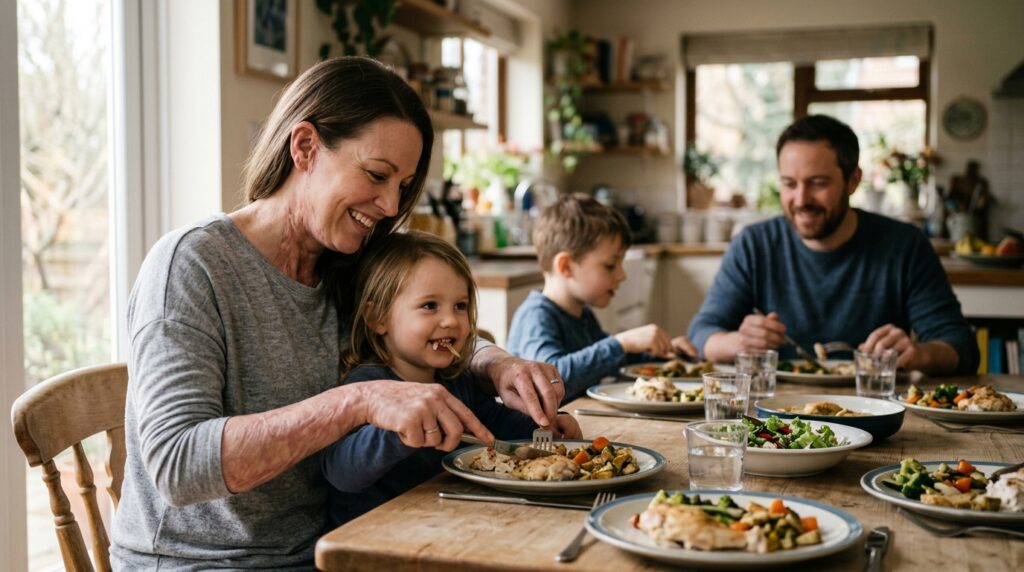 A burn survivor rejoining everyday family routine during injury recovery.