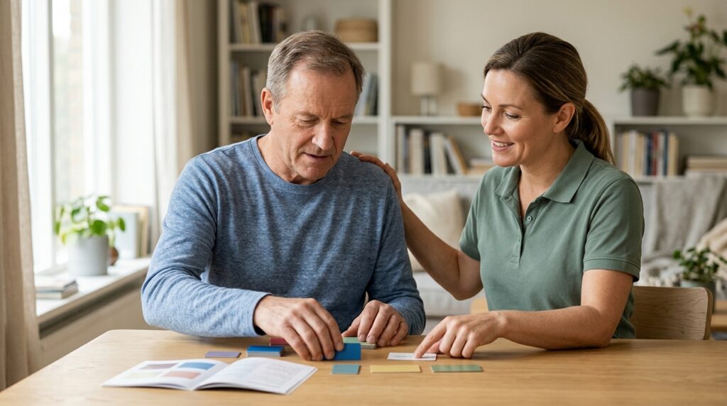 A caregiver assisting a person relearning daily routines during traumatic brain injury recovery.