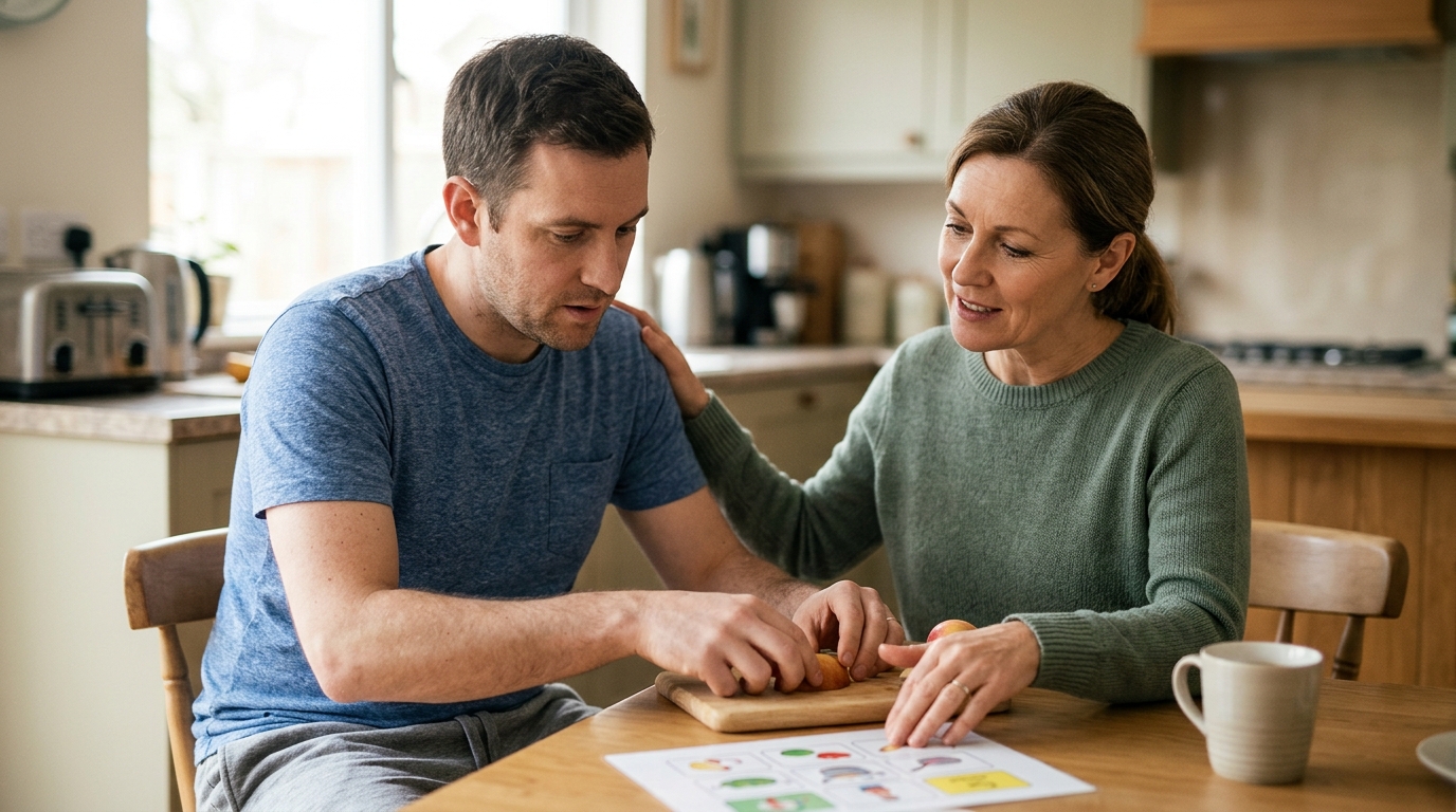 A caregiver assisting a person relearning daily routines during recovery from a traumatic brain injury.