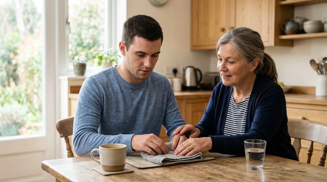 A caregiver assists a person relearning daily routines during recovery from a traumatic brain injury.