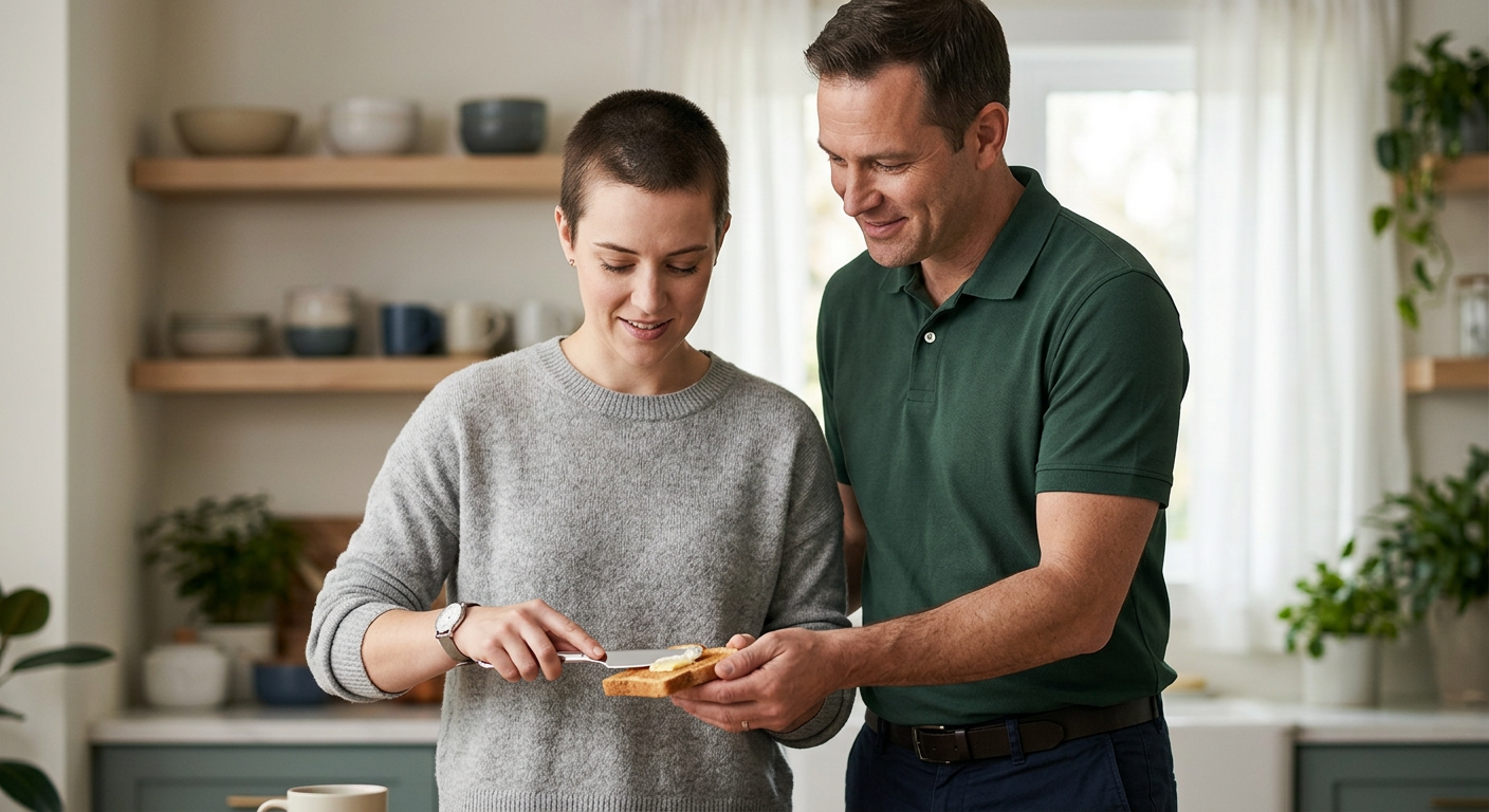 A caregiver assists a person relearning daily routines during recovery from a traumatic brain injury.