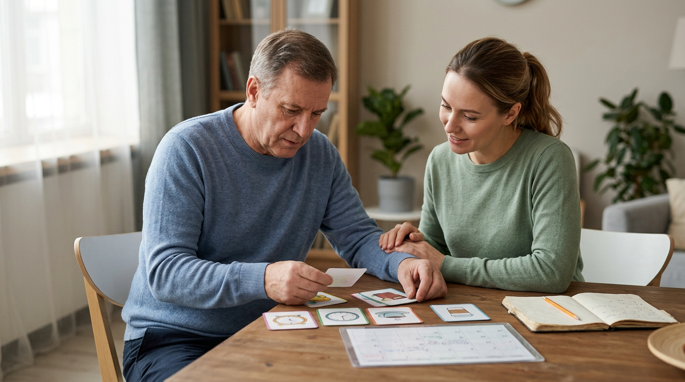A caregiver helps a person relearn daily routines during recovery from a traumatic brain injury.