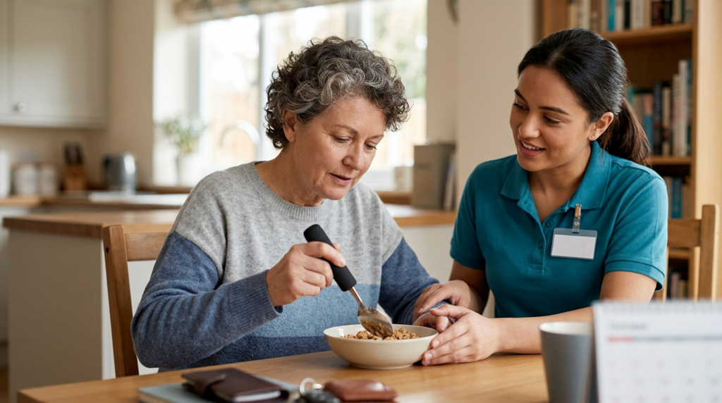 A caregiver supporting a person as they relearn daily routines after a traumatic brain injury.
