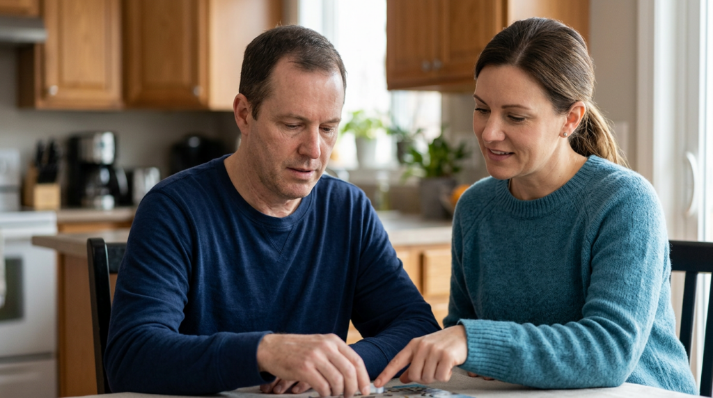 A caregiver supports a person relearning daily routines after a traumatic brain injury.