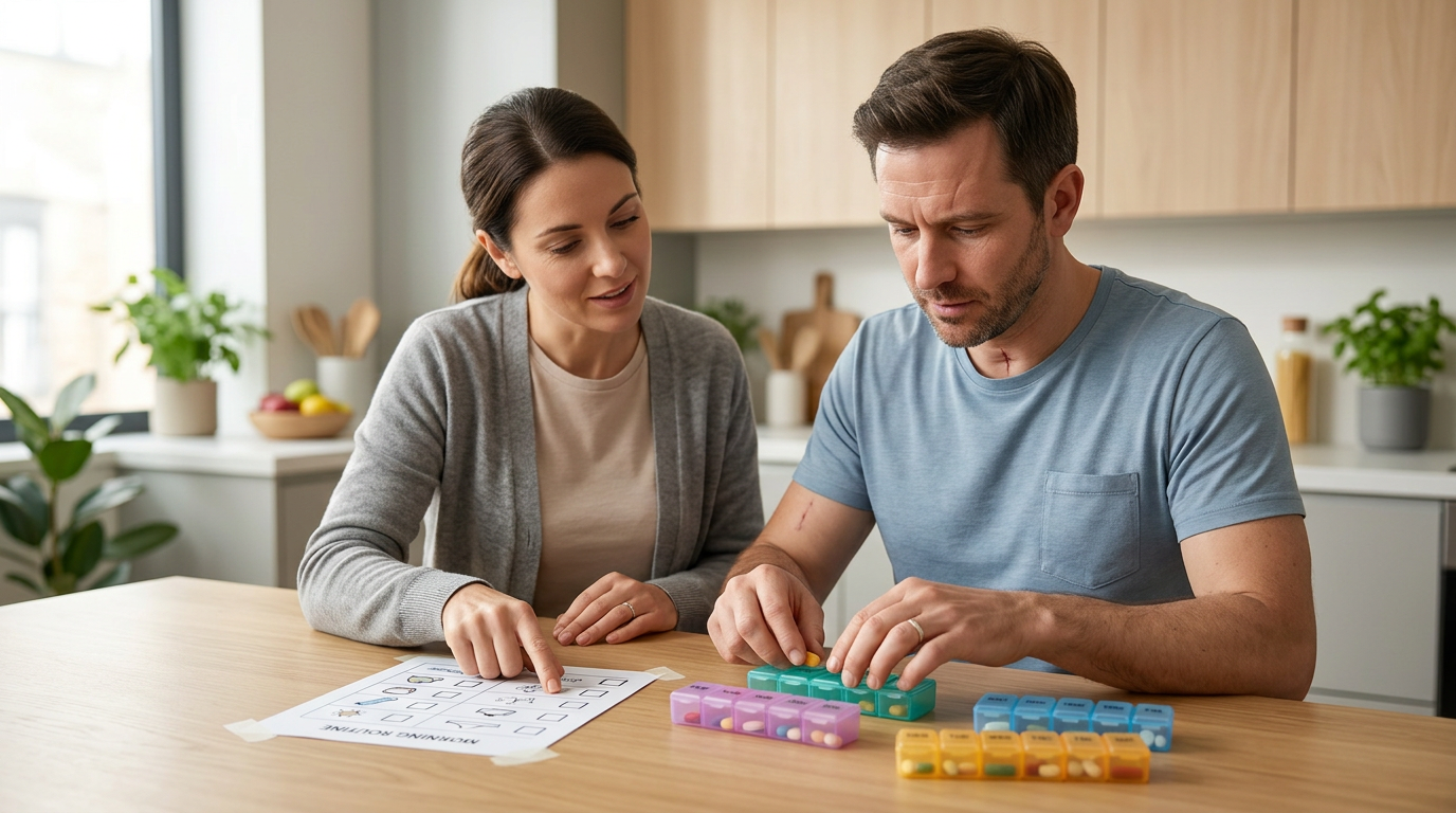 A caregiver supports a person relearning daily routines during recovery from a traumatic brain injury.