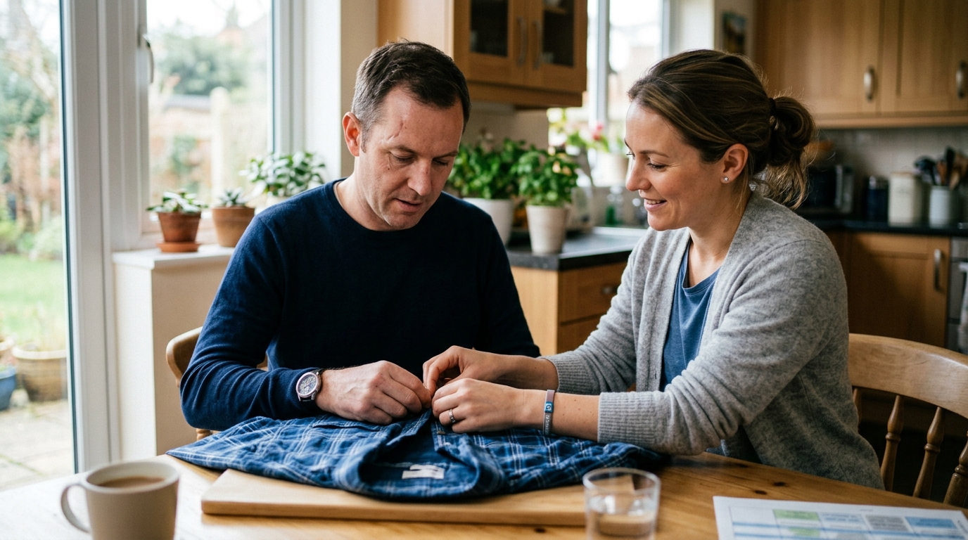 A caregiver supports a person relearning daily routines during recovery from a traumatic brain injury.