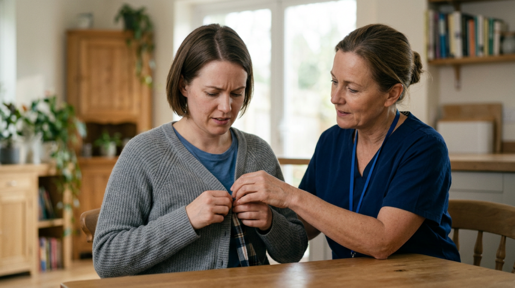 A caregiver supports a person relearning daily routines during recovery from a brain injury.