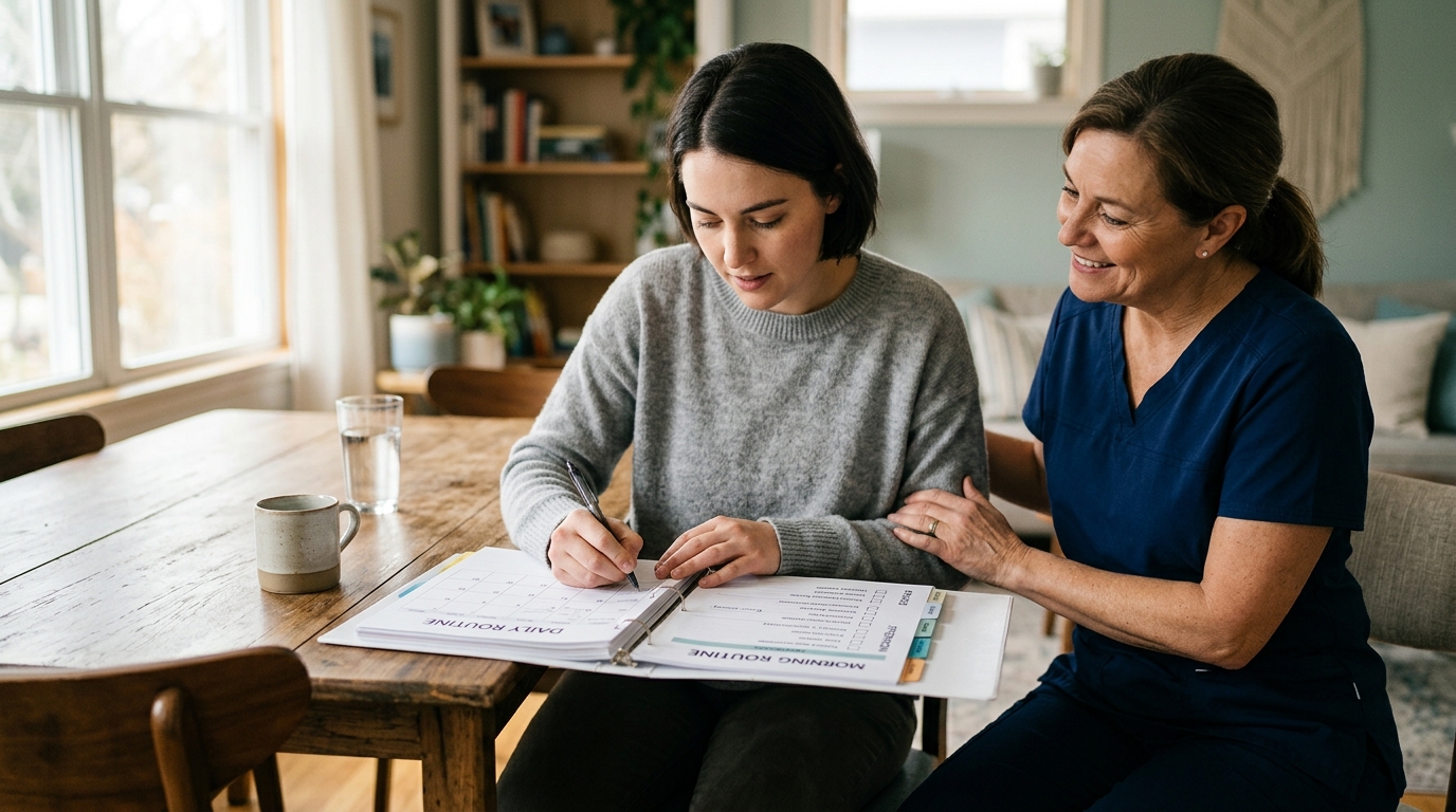 A caregiver supports a person relearning daily routines during traumatic brain injury rehabilitation.