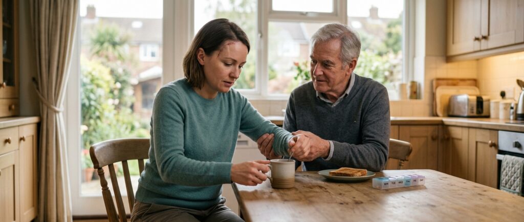 A caregiver supports a person relearning daily routines during recovery from a traumatic brain injury.