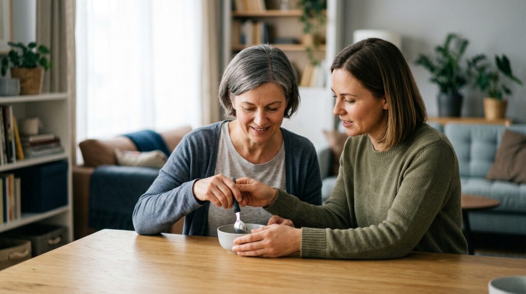 A caregiver supports a person relearning daily routines during recovery from a traumatic brain injury.