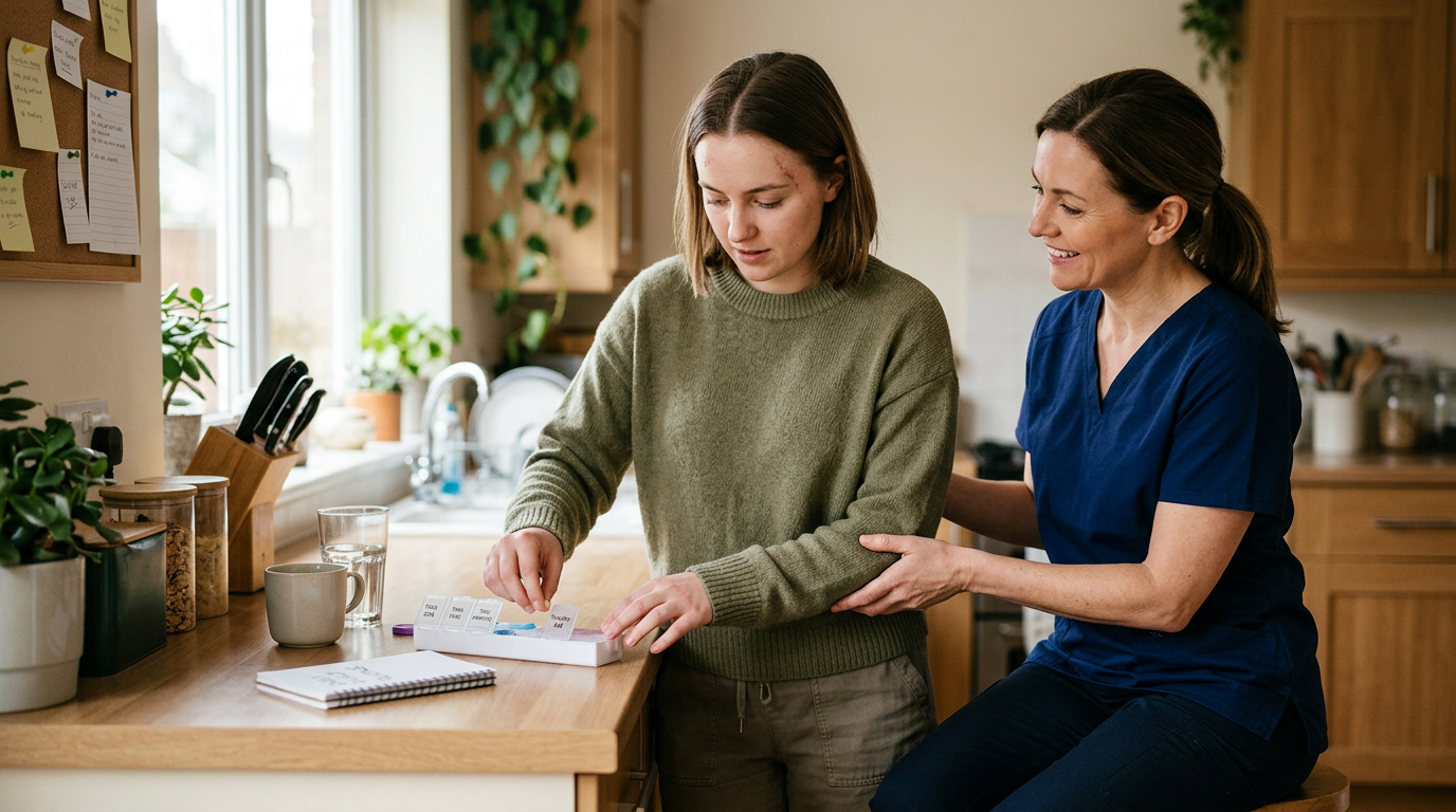 A caregiver supports a person relearning daily routines during recovery from a traumatic brain injury.