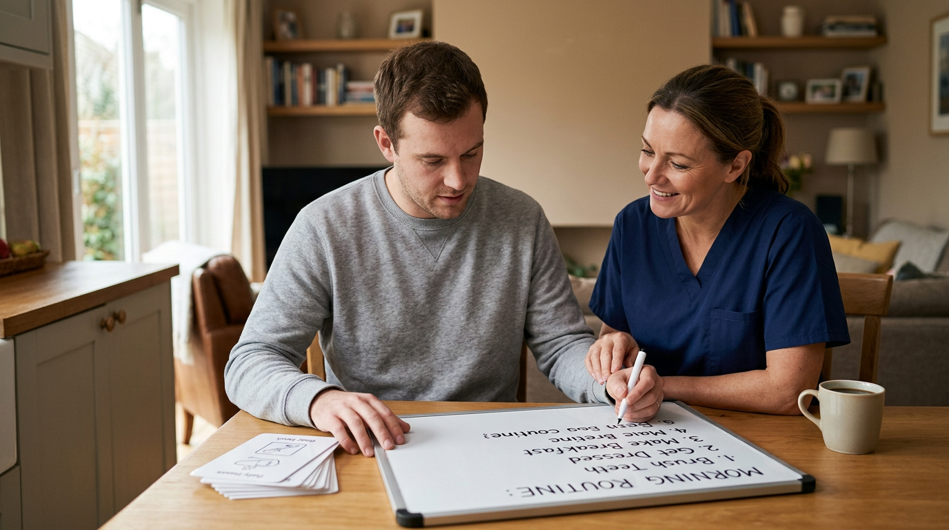 A caregiver supports a person relearning daily routines during traumatic brain injury recovery.