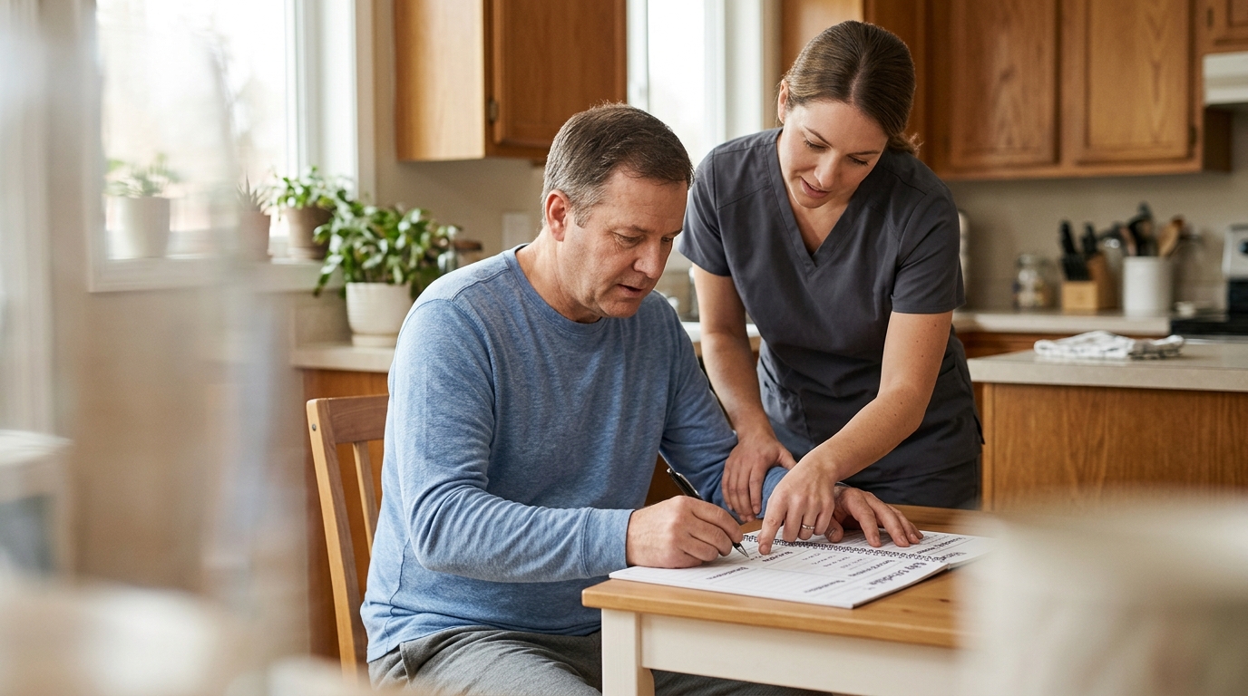 A caregiver supports a person relearning daily routines during recovery from a traumatic brain injury.