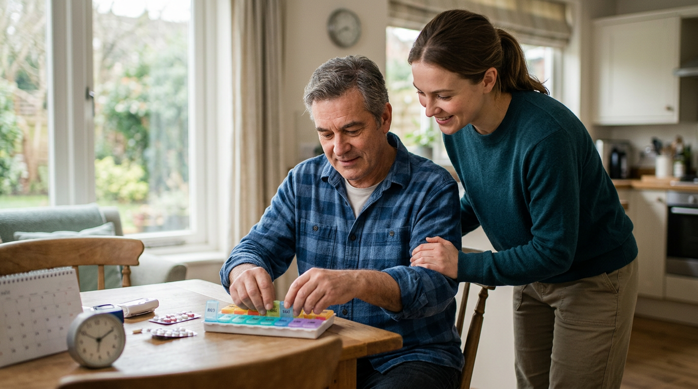 A caregiver supports a person relearning daily routines during traumatic brain injury recovery.