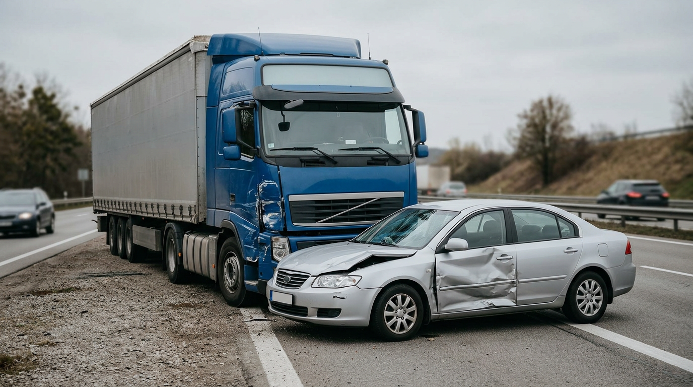 A damaged semi-truck and crushed passenger vehicle at the scene of a serious truck accident.