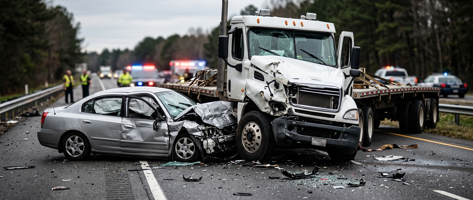 A damaged semi truck and passenger vehicle after a serious collision.