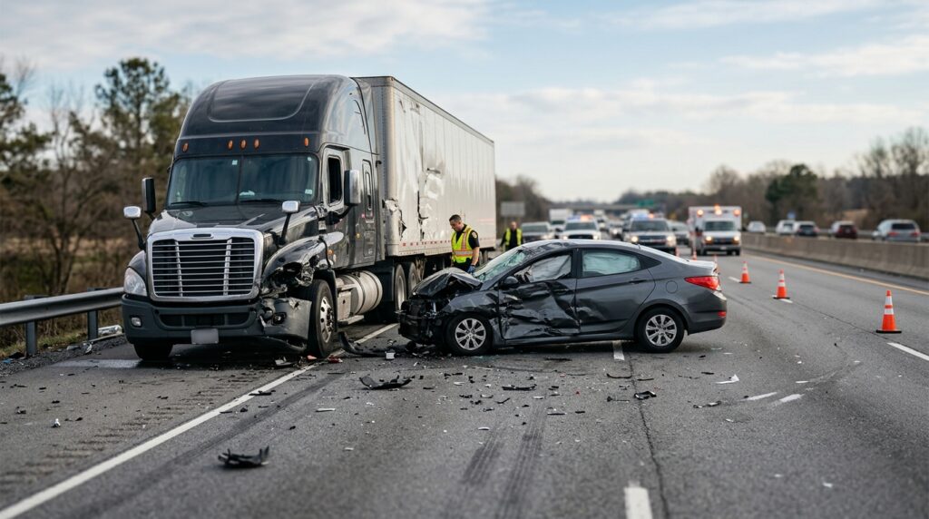 A damaged semi truck and passenger vehicle after a serious highway crash.