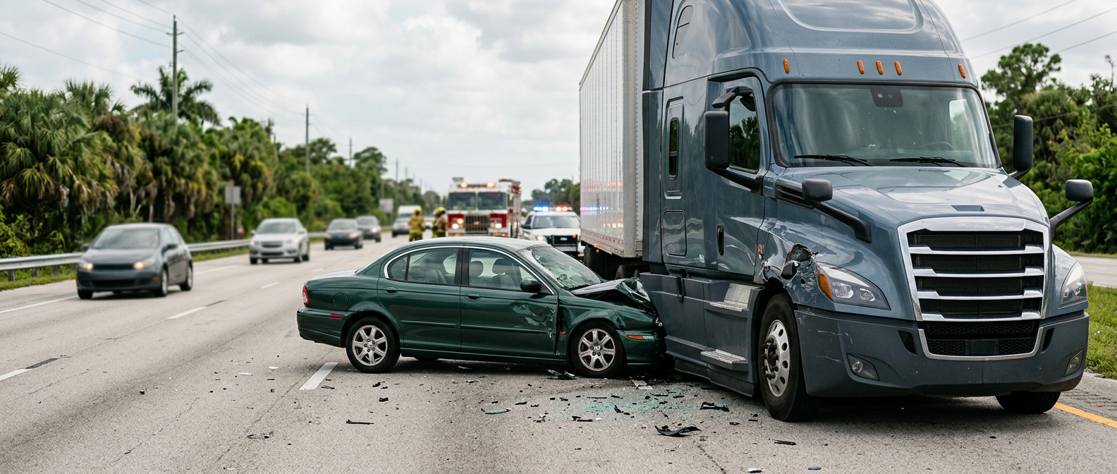 A damaged semi truck and passenger vehicle after a serious highway collision.