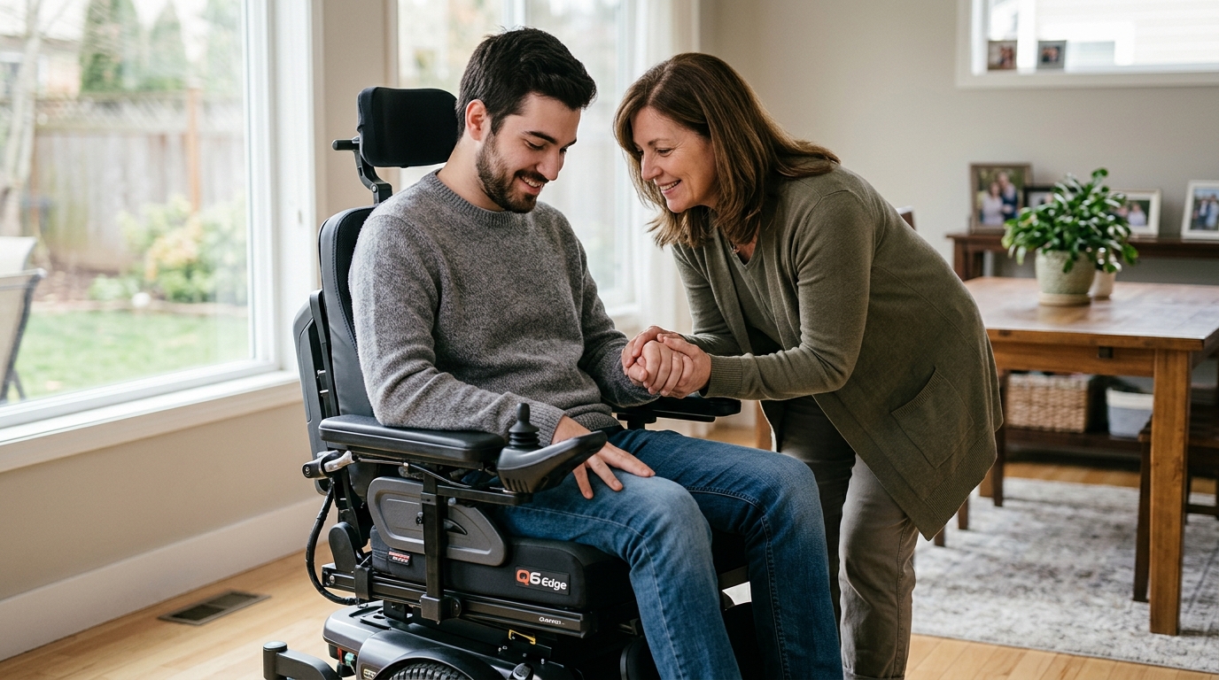 A family member tenderly supporting a loved one using a power wheelchair at home.