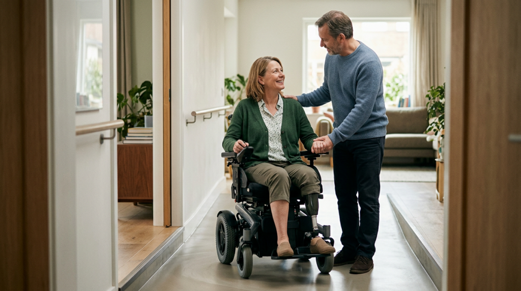 A family member tenderly supporting a loved one using a power wheelchair at home.