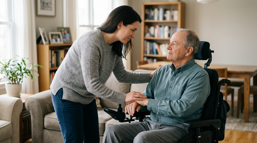 A family member tenderly supporting a loved one using a power wheelchair at home.