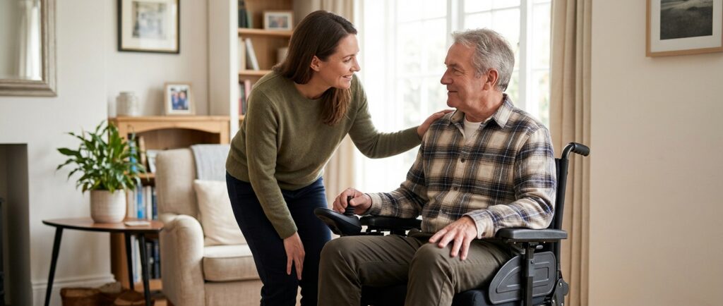 A family member tenderly supporting a loved one using a power wheelchair at home.