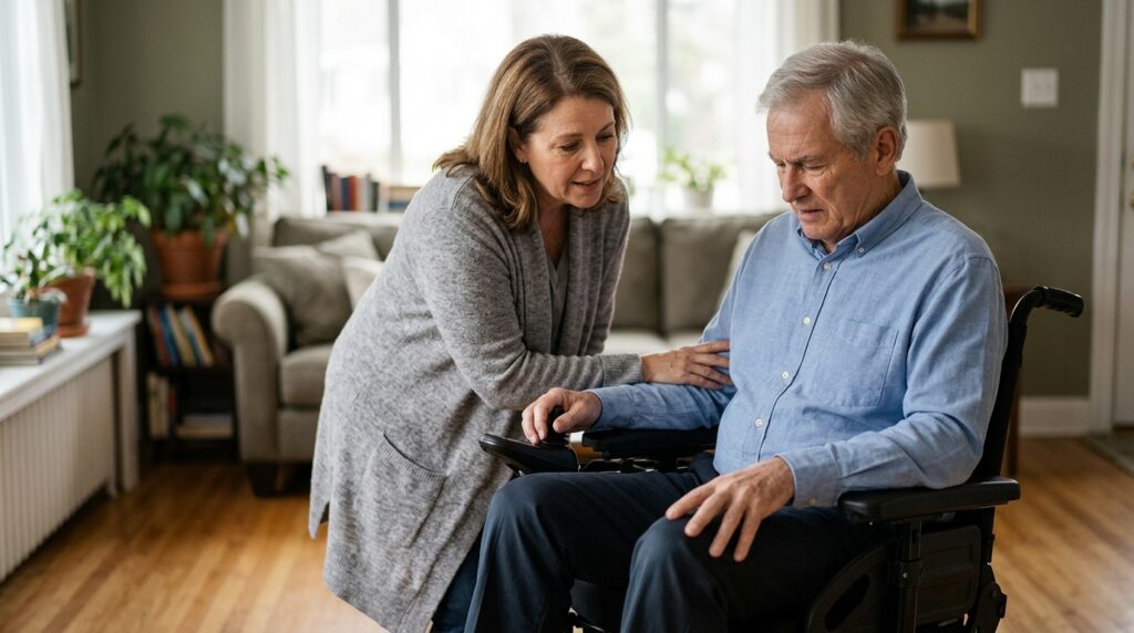 A family member tenderly supporting a loved one who uses a power wheelchair at home.