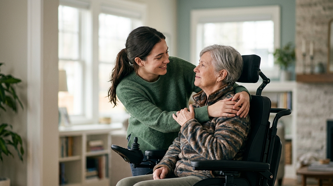 A family member tenderly supporting a loved one who uses a power wheelchair at home.