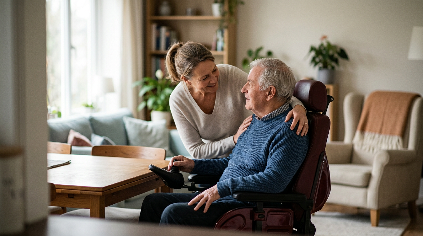 A family member tenderly supporting a loved one who uses a power wheelchair at home.