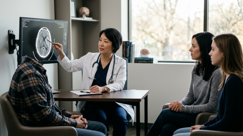 A neurologist reviews brain imaging scans with a family following a traumatic brain injury.