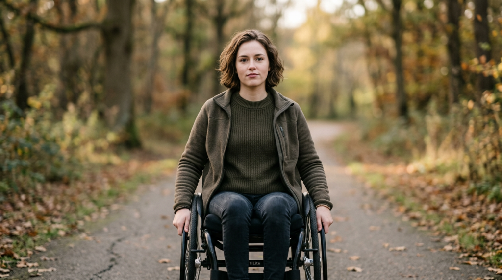 A person in a wheelchair looking ahead with quiet resolve.