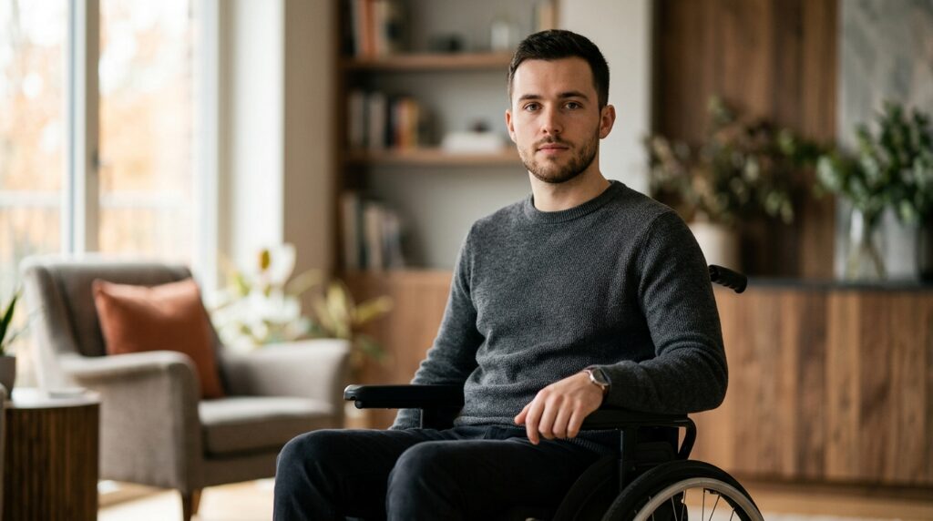 a person who uses a wheelchair looking forward with quiet resolve, catastrophic spinal injury