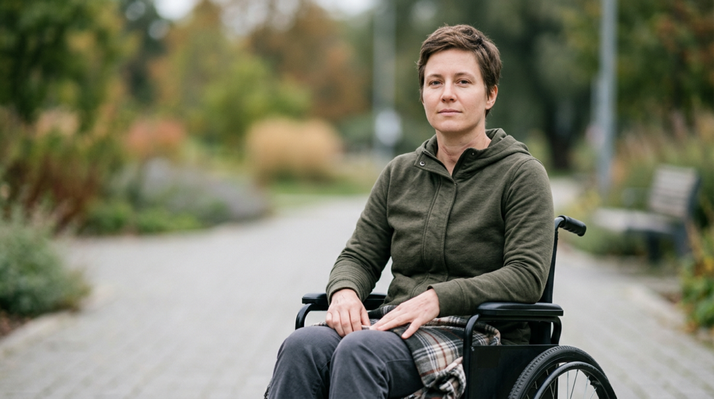 A person in a wheelchair looking forward with quiet resolve after a catastrophic spinal injury.
