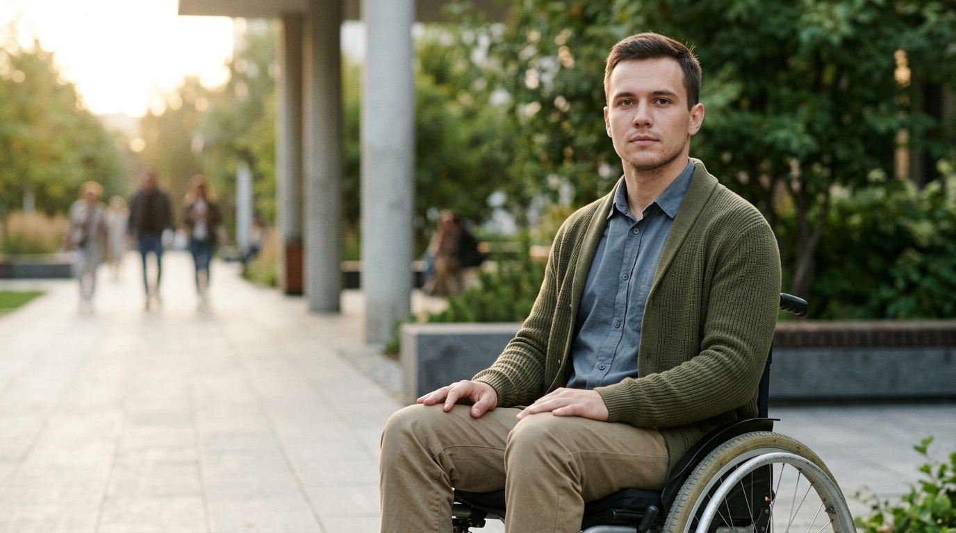 A person in a wheelchair looking forward with quiet resolve after a catastrophic spinal injury.
