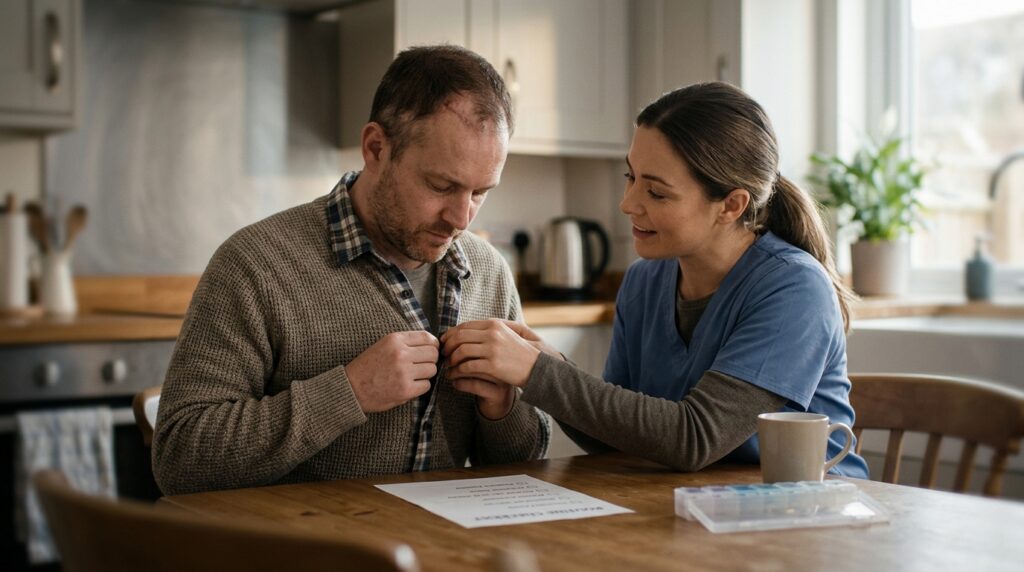 A person relearning daily routines with a caregiver's support after a traumatic brain injury.