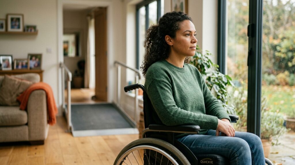A person using a wheelchair gazes forward with a calm, determined expression.