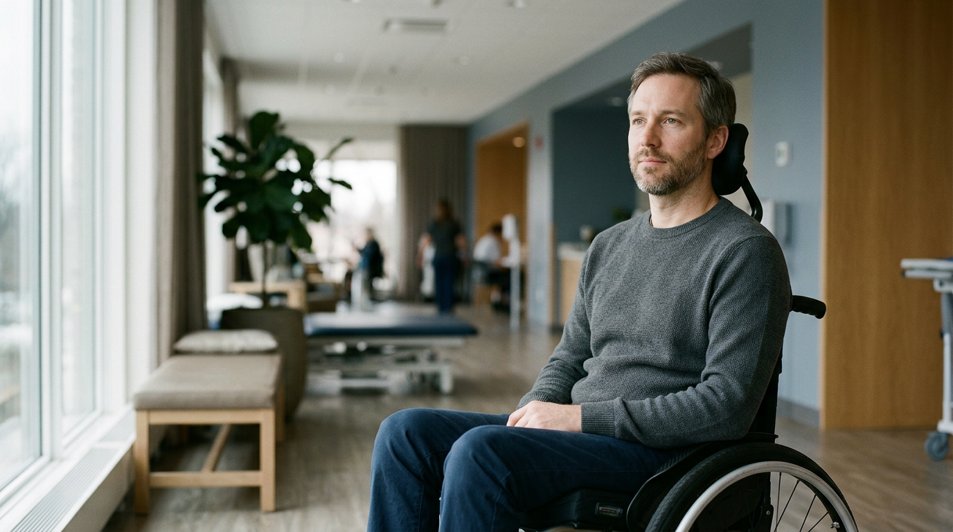 A person using a wheelchair looking forward with quiet resolve after a catastrophic spinal injury.