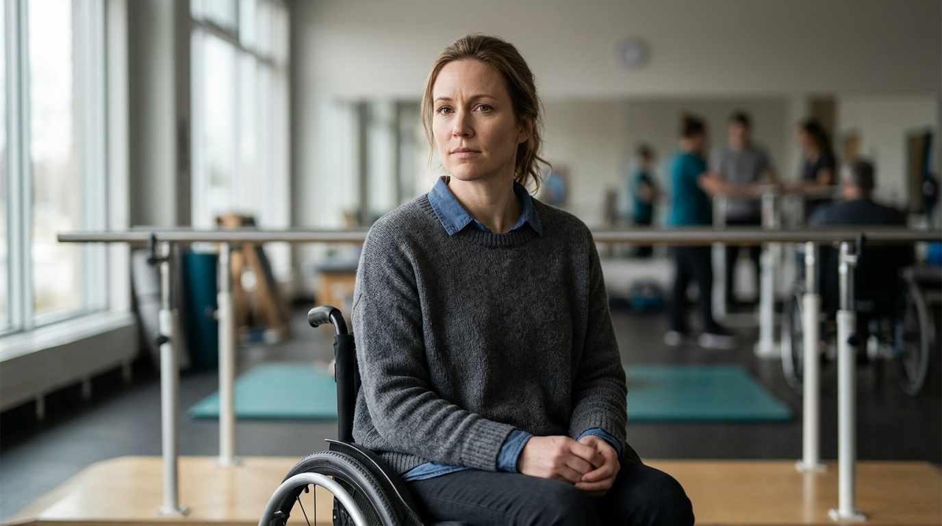 A person using a wheelchair looking forward with quiet resolve after a catastrophic spinal injury.