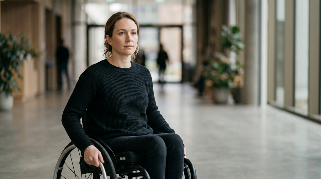 a person who uses a wheelchair looking forward with quiet resolve, catastrophic spinal injury